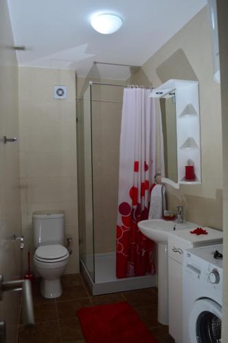 a bathroom with a shower and a toilet and a sink at Panorama Petrovac in Petrovac na Moru