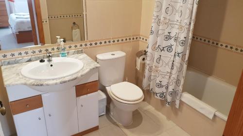 a bathroom with a toilet and a sink and a shower curtain at Reception La Rotonda Aparthotel in Playas de Orihuela