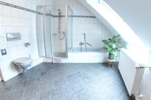 a bathroom with a shower and a toilet and a tub at Ferienwohnungen Oswald Friederich in Briedern