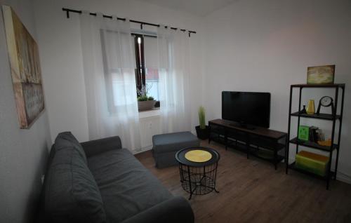 a living room with a couch and a tv at Ferienwohnung 14.sechs - Jahrhundertwende trifft Moderne in Oberhausen
