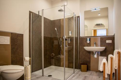 a bathroom with a shower and a toilet and a sink at City Hotel Bamberg in Bamberg