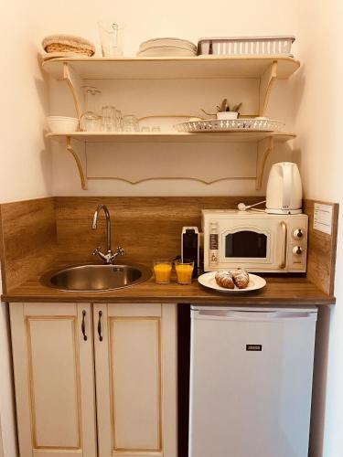 a kitchen with a sink and a microwave at Barackvirág Apartmanház in Tihany