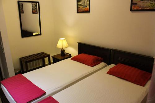 two twin beds in a room with a mirror at Dominic's best in Mount Lavinia