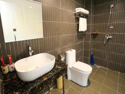 a bathroom with a sink and a toilet at Thank Inn Plus Hotel Langfang Bazhou Shengfang Bus Station in Langfang