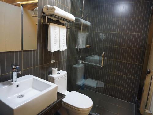 a bathroom with a toilet and a sink at Thank Inn Chain Hotel Jinhua Dongyang City Nanma Town Chaoyang Road in Jinhua