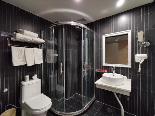 a bathroom with a shower and a toilet and a sink at Thank Inn Chain Hotel Anhui Fuyang Funan County Yunhe East Road Store in Fuyang