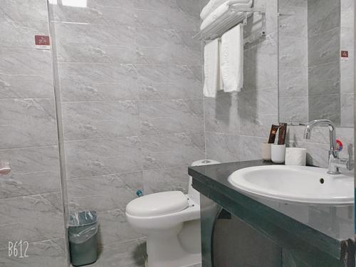 ein Badezimmer mit einem weißen WC und einem Waschbecken in der Unterkunft JUN Hotels Hebei Zhangjiakou Xuanhua District Railway Station Store in Zhangjiakou