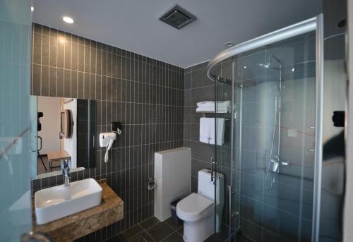 La salle de bains est pourvue de toilettes, d'un lavabo et d'une douche. dans l'établissement Thank Inn Chain Hotel Hebei Hengshui East Heping Road Second Middle School, à Hengshui