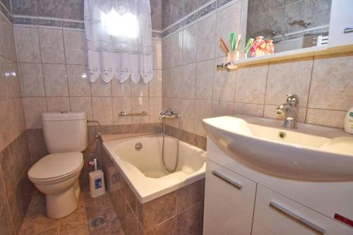 a bathroom with a toilet and a sink and a tub at Traditional House with Amazing View in Chlomós