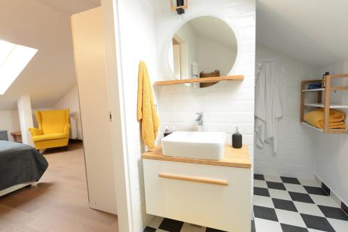 a bathroom with a sink and a mirror at Marmot apartment up & down in Poiana Brasov