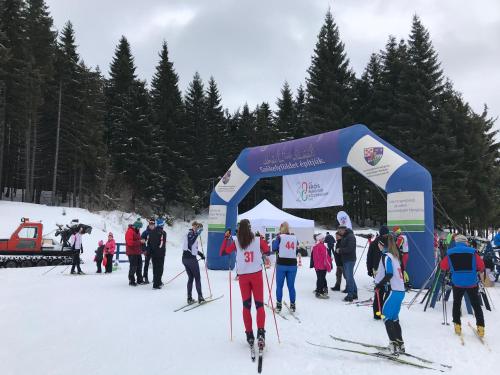 a group of people on skis in the snow at Pension Tofalvi in Harghita-Băi