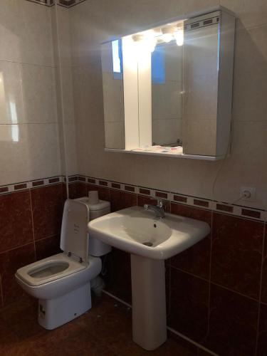 a bathroom with a toilet and a sink and a mirror at ValDa Hotel on TUMANYAN in Vanadzor