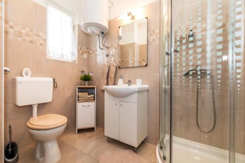 uma casa de banho com um WC, um lavatório e um chuveiro em Muzic Budget Double Room em Mali Lošinj