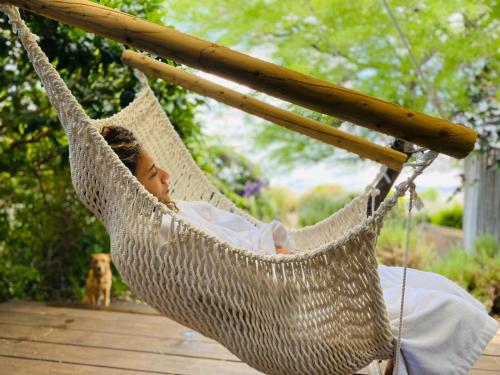 a woman is sitting in a hanging hammock at green island in Ma'ale Gamla
