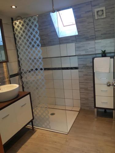 een badkamer met een douche en een glazen wand bij L orée du Saint-Gangolphe in Lautenbach