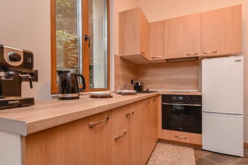 cocina con armarios de madera y nevera blanca en Sofia Dream Apartment - The Library - 3-BDR, 2-BTHR en Sofía