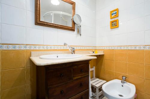 a bathroom with a sink and a mirror and a toilet at Txoriak - Basquenjoy in Hondarribia