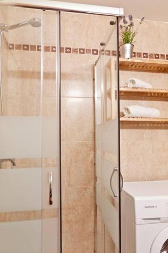 a bathroom with a shower and a toilet and a sink at APARTAMENTO PIE DE PLAYA-Wifi free in L'Escala