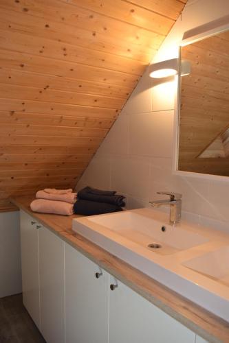 La salle de bains est pourvue d'un lavabo et d'un plafond en bois. dans l'établissement Au bord du lac IV, à Montigny-en-Morvan