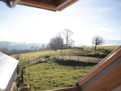 una vista da una finestra di un pascolo con un cavallo di Chez Juliette Maison Gite Hôtel a Rontignon