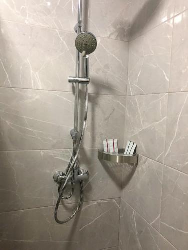 a shower with a shower head in a bathroom at East Residence Gray in Kyiv