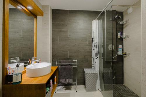 a bathroom with a sink and a shower at Perle bleue résidence in Saint-Leu