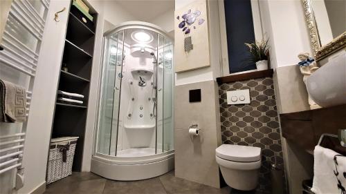 a bathroom with a shower and a toilet at Apartment Cont in Rijeka