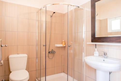 a bathroom with a shower and a toilet and a sink at Iakovos's Cottage Ideal Base for Balos and Elafonisi in Kaloudhianá