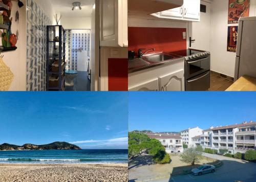 un collage de photos d'une cuisine et d'une plage dans l'établissement Studio 37m2 à SAINT CYR SUR MER - Les LECQUES - Proche mer - Parking - Tout confort - Calme, aux Lecques