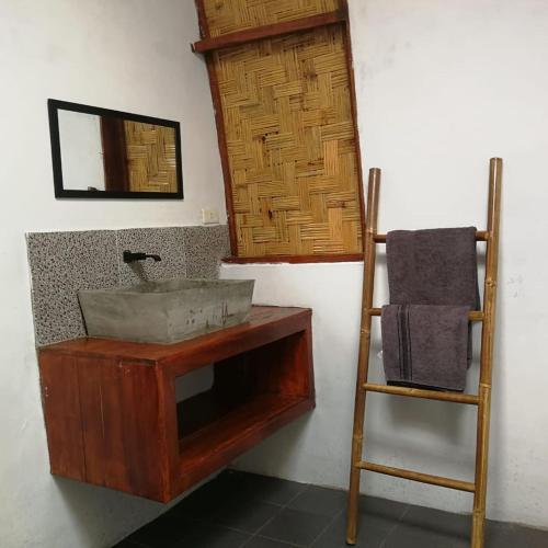 a bathroom with a sink and a mirror and a ladder at Gino's Place - Guest House & Jungle Trekking in Bukit Lawang