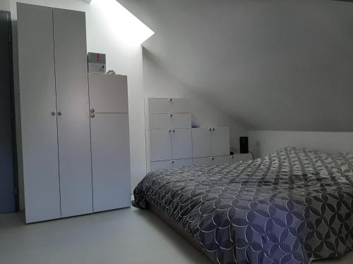 een slaapkamer met een groot bed en witte kasten bij appartcathedrale in Écrouves