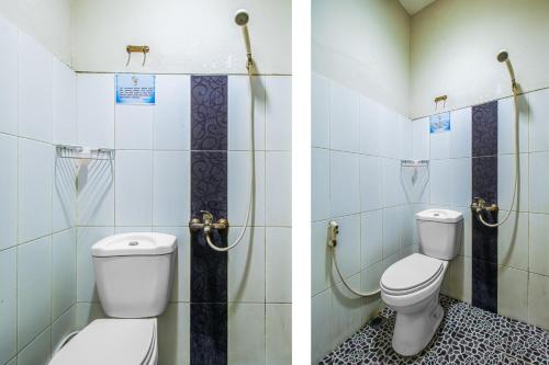 two pictures of a bathroom with a toilet and a sink at Griya Stadion in Semarang
