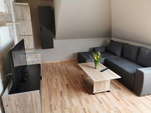 a living room with a couch and a coffee table at Privatzimmer Guhl in Munster im Heidekreis