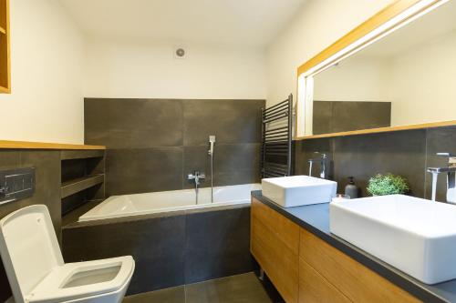 a bathroom with a sink and a tub and a toilet at Resort Mezná in Hřensko