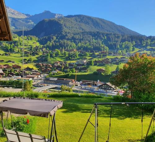 a view of a green valley with a mountain at Apartment Lilalama in Grindelwald