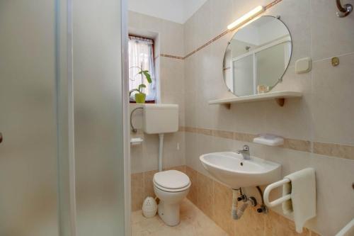 a bathroom with a toilet and a sink and a mirror at Biserka apartments near the beach and center in Mali Lošinj