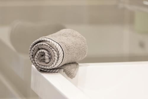 - une serviette assise au bord d'une baignoire dans l'établissement 3 FODERE - Magnifique 2 pièces - Quartier du Port - Dernier étage, à Nice