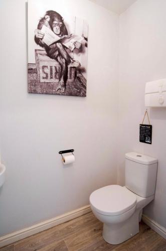 a bathroom with a toilet and a picture on the wall at Entire 4 Bed Townhouse in Exeter