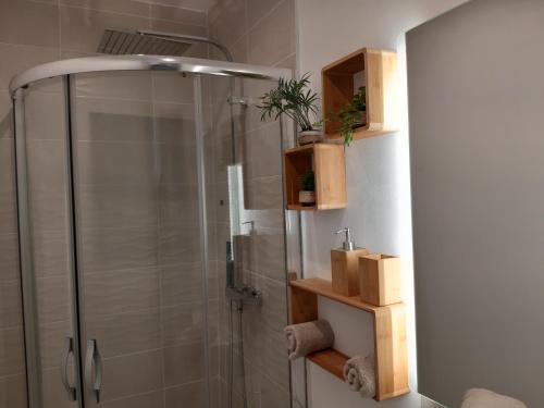 La salle de bains est pourvue d'une cabine de douche en verre. dans l'établissement La Casita Sérignanaise - Apt T2 - clim - jardin, à Sérignan