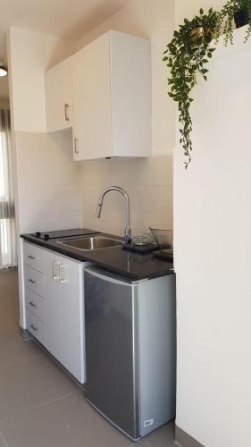 una cocina con fregadero y encimera en The Blue House, en Jerusalén