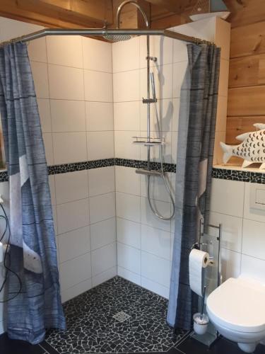 uma casa de banho com um chuveiro e um WC. em Ferienwohnung Grünebach em Grünebach