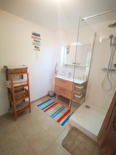 une salle de bain avec une douche en verre et un lavabo dans l'établissement Gîtes avec grande piscine et sa terrasse privative, à Bernis