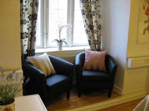 two chairs in front of a window with curtains at Halmstad Hotell & Vandrarhem Kaptenshamn in Halmstad