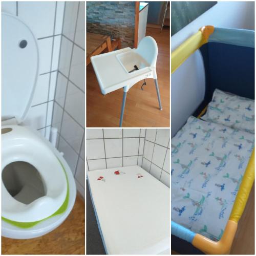 four pictures of a bathroom with a toilet and a stool at Ferienwohnung am Sendberg in Frielendorf