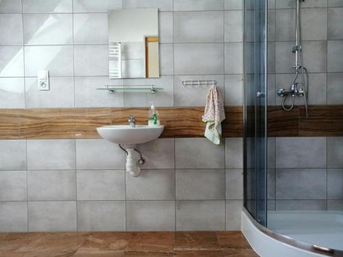 ein Bad mit einem Waschbecken und einer Dusche in der Unterkunft Restauracja Teo in Cieszków