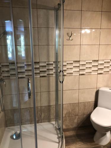 een badkamer met een glazen douche en een toilet bij Willa Emi in Karpacz