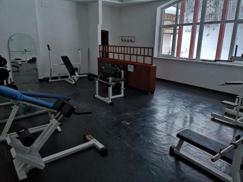 a gym with several exercise equipment in a room at VILLAGGIO TURISTICO PLONER in Dobbiaco
