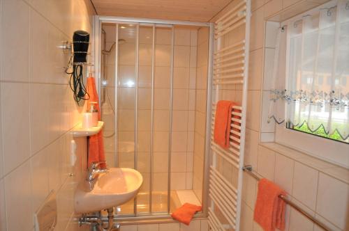 a small bathroom with a sink and a shower at Ferienwohnung Baumgartner in Bad Hindelang