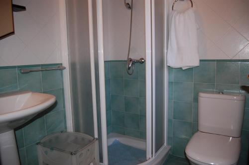 a bathroom with a shower and a toilet and a sink at Dos Carmenes in Llanes