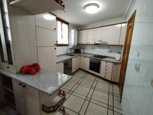 uma cozinha com armários brancos e uma bancada em Aldalurberea em Etxalar